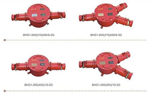 Four red explosion-proof high-voltage cable junction boxes for mining, front view, BHG1-200/315-400 models, Amazon