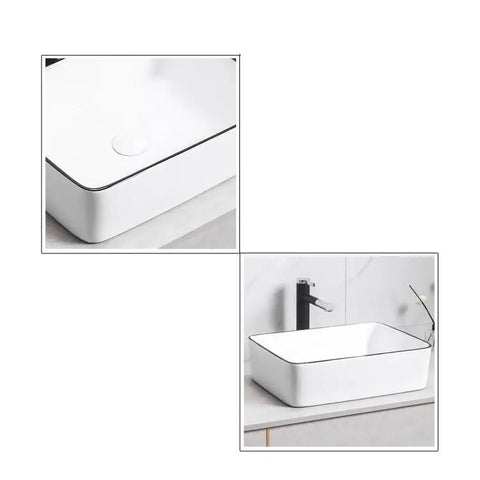 Vanity Vessel Sink Simple Ceramic Wash Basin Square Countertop Art Basin Ceramic Bathroom Sink Basin Washing Bowl Bathroom Vessel Sink with black trim, top view and faucet.