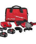 Beefy Brushless Cordless Angle Grinder With Tool Free Disc Swap And Kickass Battery Setup For Heavy Duty Cutting And Grinding Operations On The Site Or Garage Every Single Task with accessories in red bag.