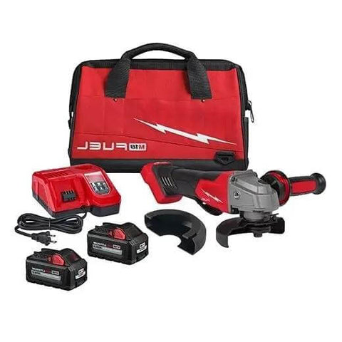 Beefy Brushless Cordless Angle Grinder With Tool Free Disc Swap And Kickass Battery Setup For Heavy Duty Cutting And Grinding Operations On The Site Or Garage Every Single Task with accessories in red bag.