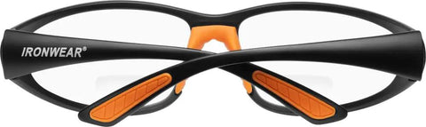 Rear view of Bradford 3030 Series Nylon Protective Safety Glasses with 2.0 Bifocal Lens, clear black frame, orange temple pads.