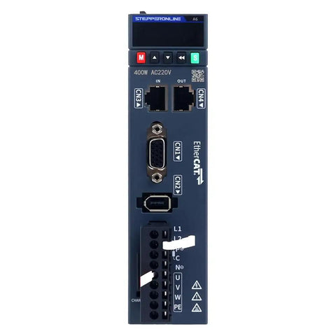 A6 Series 400W EtherCAT Servo Motor Kit driver front view with ports and connectors, IP67 rated, ideal for precise automation setups