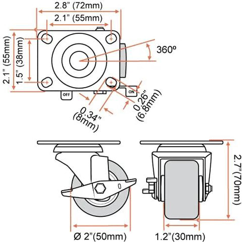 Technical diagram of 2 Inch Heavy Duty Polyurethane Caster Wheels With Side Locking Brake, showing dimensions and components.