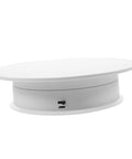 Rorpoir Adjustable Electric Rotating Display Stand For Jewelry And Watches With Anti Skid Base Energy Saving Motorized Turntable side view with ports.