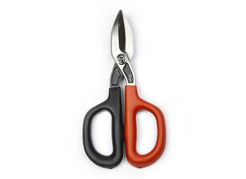 Seven Inch Straight Pattern Tin Snips Featuring Hella Sharp Hand Edged Blades For Slick Sheet Metal Cutting and Real Smooth Action for Zero Drama Heating Ventilation Air Conditioning Plumbing Work With Tough Aluminum Handles.