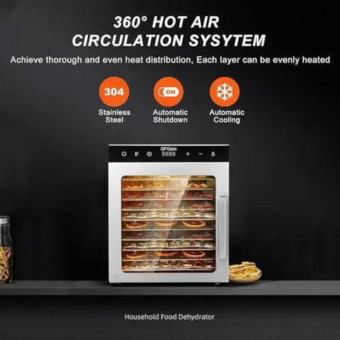 Heavy Duty Commercial Food Dehydrator And Freeze Dryer Combo, 10 Tray 1000W Electric Jerky Machine With 360 Airflow Sweep, displaying 360° hot air circulation system, stainless steel design.