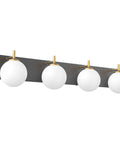 Mid Century Modern Four Light Vanity Light With Milky Glass Globes Over Mirror Dope Vintage Style Bathroom Fixtures Featuring Gold Pole