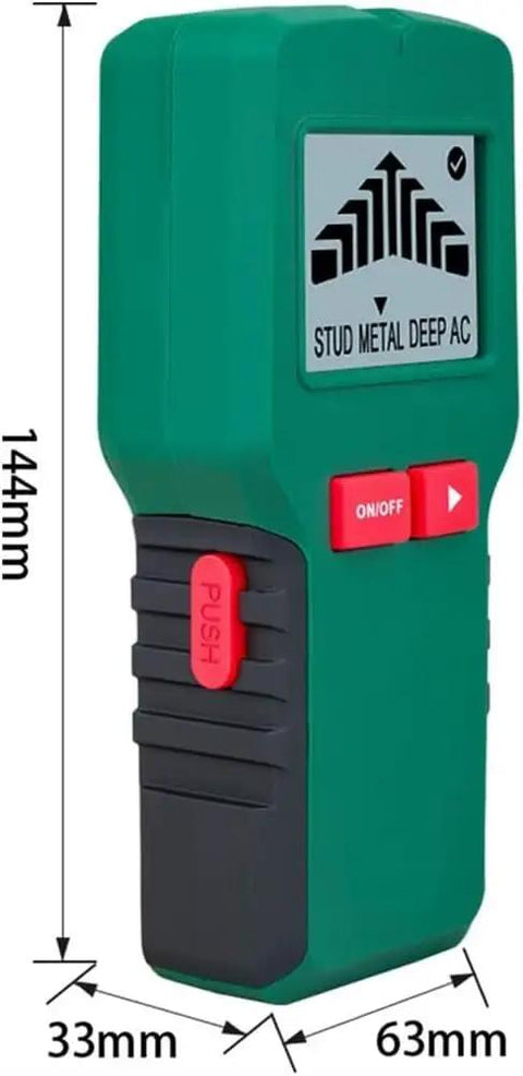 Pro Level Wall Detector And 4 In 1 Stud Finder Featuring Crisp Digital Screen To Ace Home Upgrades By Snagging Hidden Wood Metal Ac Wires Center Scanner Tool shown with dimensions 144mm height and buttons.