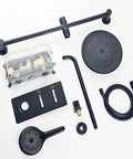Premium Wall Mounted Shower System Complete Bathroom Faucet Kit Featuring Rain Head And Handheld Sprayer, Five Meter Hose, Solid Valve Core, Kick Back Relaxation Ready, No Sweat Install And Crisp Water Flow components laid out.
