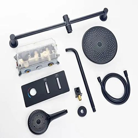 Premium Wall Mounted Shower System Complete Bathroom Faucet Kit Featuring Rain Head And Handheld Sprayer, Five Meter Hose, Solid Valve Core, Kick Back Relaxation Ready, No Sweat Install And Crisp Water Flow components laid out.
