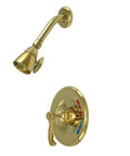 Royale One Handle Pressure Balanced Shower Faucet With Polished Brass Finish Built To Last Tub And Shower Fixture Slick One Quarter Turn Washerless Cartridge Low Flow One Point Eight GPM At Eighty PSI Title Twenty Compliant, showerhead and handle