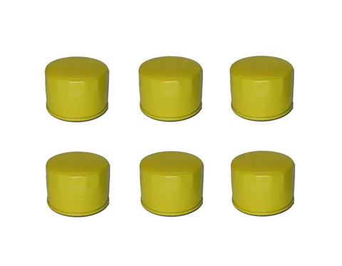 Six yellow oil filters for lawn gear in a 6 pack, compatible with Briggs and Stratton, Husqvarna, John Deere engines.