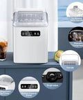 Quick Chill Countertop Ice Maker With Automatic Self Cleaning And Flexible Cube Options Generating Twenty Six Pounds on kitchen counter with ice basket and control panel.