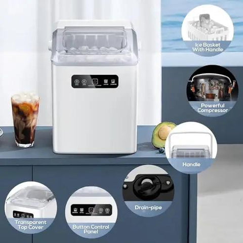 Quick Chill Countertop Ice Maker With Automatic Self Cleaning And Flexible Cube Options Generating Twenty Six Pounds on kitchen counter with ice basket and control panel.