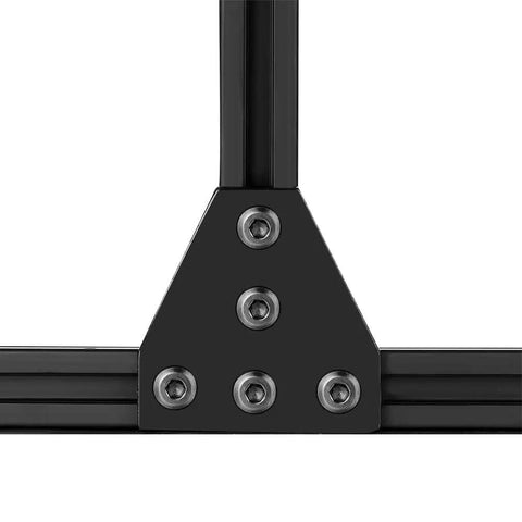 Black Six Pack 2020 Corner Bracket Connectors for 6mm aluminum extrusion, 5 hole T shape joint plate shown installed on frame