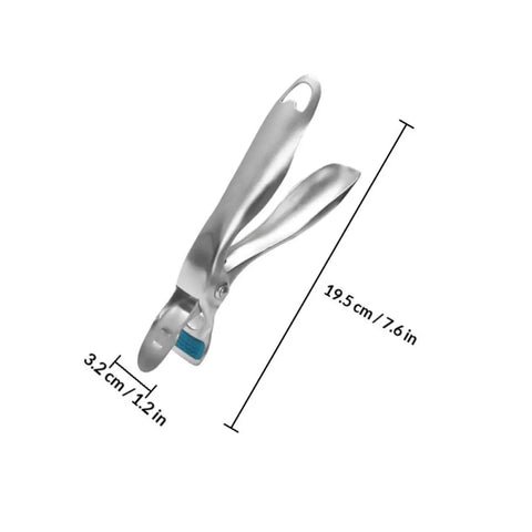 Heavy Duty Stainless Steel Plate Lifter Clamp With A Rock Solid Grip And Smart Anti Scald Bow Clip For Zero Stress Hot Casserole Handling In Your Kitchen side view with dimensions, showcasing stainless steel material and ergonomic design.