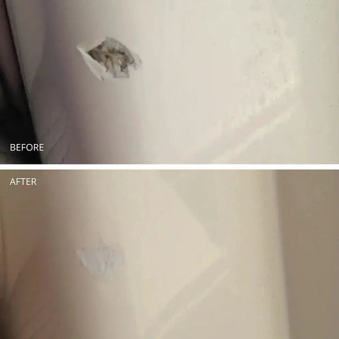 Before and after repair on fiberglass with 9 Second Chip Fix Oyster White Fiberglass Repair Filler For Boats And Gelcoat One Part Marine Epoxy Putty That Fills Adheres And Colors In One Tube No Sanding Needed Lifetime Durability