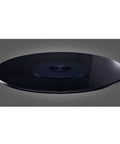 Black Tempered Glass Lazy Susan Turntable Serving Tray, 28 Inch Round Base With Heavy Duty Swivel Mechanism, top view of sleek design.