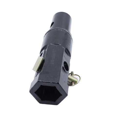 Heavy Duty Beefy Auger Adapter Converts Two Inch Female Hex To Two And Nine Sixteenths Inch Round Male Shaft Length Twelve Inches Weighs Nineteen Pounds Bolt Pin Attachment For Tough Drilling And Auger Attachments shows black metal adapter with hex and round ends, bolt pin visible.