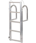 Front view of Dockmate marine-grade retractable dock ladder in aluminum with curved top rails and three rungs.