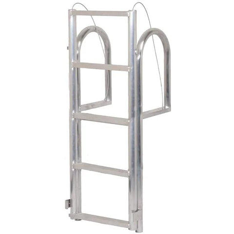 Front view of Dockmate marine-grade retractable dock ladder in aluminum with curved top rails and three rungs.