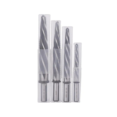 4 Piece Bridge Reamer Drill Tool Set For Metal, M2 High Speed Steel With Straight Shank And Tapered Alignment in clear packaging
