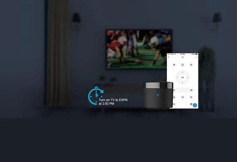 RM4 Mini IR Universal Remote Control With 2.4 GHz WiFi Hub in a living room controlling TV, visible app control interface.