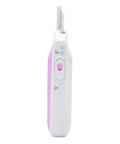 No Sweat Cordless Electric Scissors That Slays Through Heavy Fabric And Leather With Ergonomic Handle And Safety Guard For Reliable Sewing And Workshop Upgrades Now, side view showing power button and pink design.