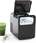 Badass Countertop Ice Maker Generates 26 Lbs Bullet Ice Fast with Self Cleaning Tech and 1.5L Tank, with ice cubes and drink.