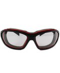 Top Shelf Industrial Safety Glasses Bulk Pack Featuring Scratch Resistant Polycarbonate Lenses For Hella Clear Vision And Built Different Work Site Impact Protection. Front view of safety glasses with red accents.