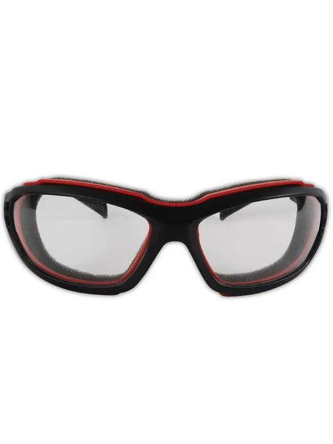 Top Shelf Industrial Safety Glasses Bulk Pack Featuring Scratch Resistant Polycarbonate Lenses For Hella Clear Vision And Built Different Work Site Impact Protection. Front view of safety glasses with red accents.