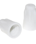 Two white ceramic wiring caps; front view shows hollow interior, side view.
