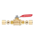 Brass ball valve with red lever, 1/4 in compression ends, straight coupling adapters (2 pcs) front view