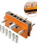 Adjustable Doweling Jig Kit for Straight Holes with Six Drill Guide Bushings Pro Grade Biscuit Joiner Set, aluminum body, multiple bushings visible