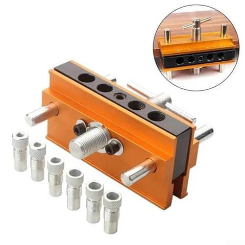 Adjustable Doweling Jig Kit for Straight Holes with Six Drill Guide Bushings Pro Grade Biscuit Joiner Set, aluminum body, multiple bushings visible