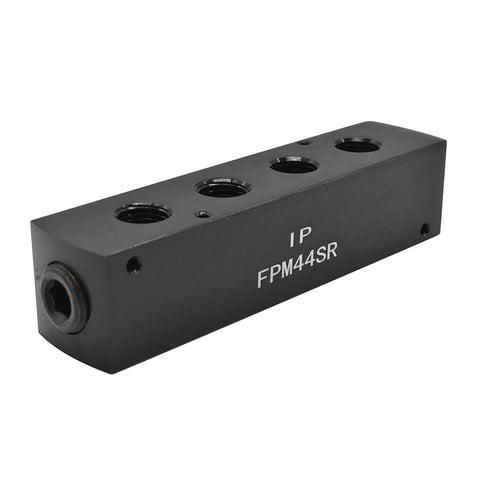 Aluminum Rectangle Pencil Pneumatic Manifold With One Inlet To Four Outlets Three Eighths NPT Inlet And One Quarter NPT Outlets Black Anodized