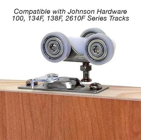 Pocket Door Hanger Ball Bearing 1125 1 Inch Wheel For Sliding Doors, 200 Lb Capacity, installed on wooden track