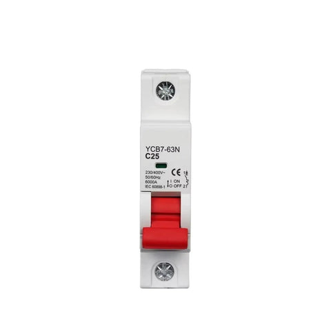 Easy Install C Curve 230/400V AC Miniature Circuit Breaker for DIN rail mounting, 1P, front view, C25 model, red switch visible.