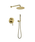 Shower System, 10" Rain Head, Handheld, Brushed Gold, Wall-Mounted with overhead shower and control panel