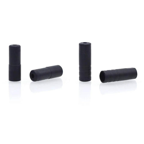 Close-up of Bike Cable Ferrule End Caps Set for 5mm Brake Cables and 4mm Shift Cables, black plastic caps on white background.