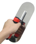Pro Grade Stainless Steel Pool Trowel For Concrete And Plaster, 10 Inch By 3 Inch, with soft grip handle in hand view