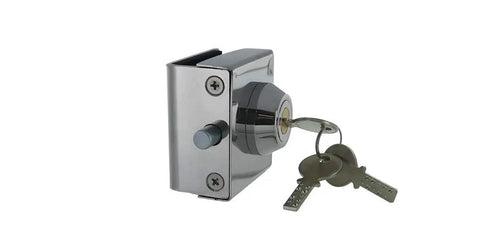 Heavy Duty Chrome Key Lock For Three Eighth Inch Glass Display Case Slips Right Onto Tempered Panels With Top Shelf Security And Quick Snap Fit For Retail Fixtures with keys.