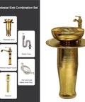 Straight Up Sleek 16 Inch Gold Ceramic Vessel Sink Pedestal Washbasin With Faucet And Drain High Gloss Porcelain Vanity Basin For Modern Bathrooms Super Tough And Quick To Clean, featuring textured gold finish and included plumbing.