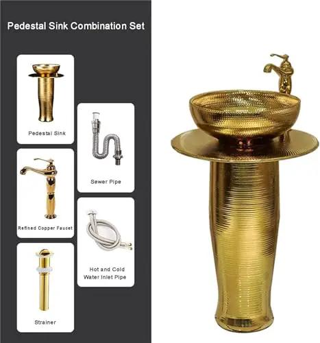 Straight Up Sleek 16 Inch Gold Ceramic Vessel Sink Pedestal Washbasin With Faucet And Drain High Gloss Porcelain Vanity Basin For Modern Bathrooms Super Tough And Quick To Clean, featuring textured gold finish and included plumbing.