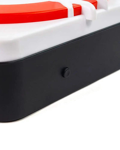 Close-up of Ghostbusters Logo Lamp Wall Light base showing power button for gaming and home decor with flicker-free glow.