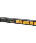 Heavy Duty Six Outlet Power Conditioner With Slick Ip Controls And Precision Metered Strips. Six orange outlets on a black strip.