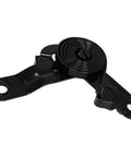 Close-up of black metal hood hinge assembly with coiled torsion spring