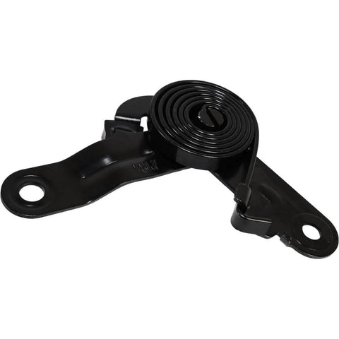 Close-up of black metal hood hinge assembly with coiled torsion spring
