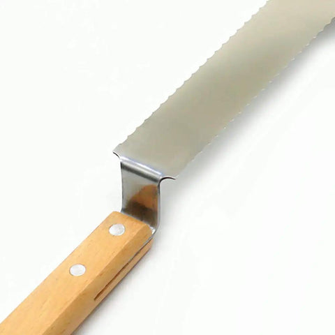 Stainless Steel Serrated Uncapping Knife For Beekeeping With Wood Handle 16 Inch Length Sharp Beekeeping Tool blade and handle close-up