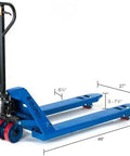 Side view of Global Industrial high-capacity pallet jack, blue powder-coated frame with 27 in W x 48 in L forks.